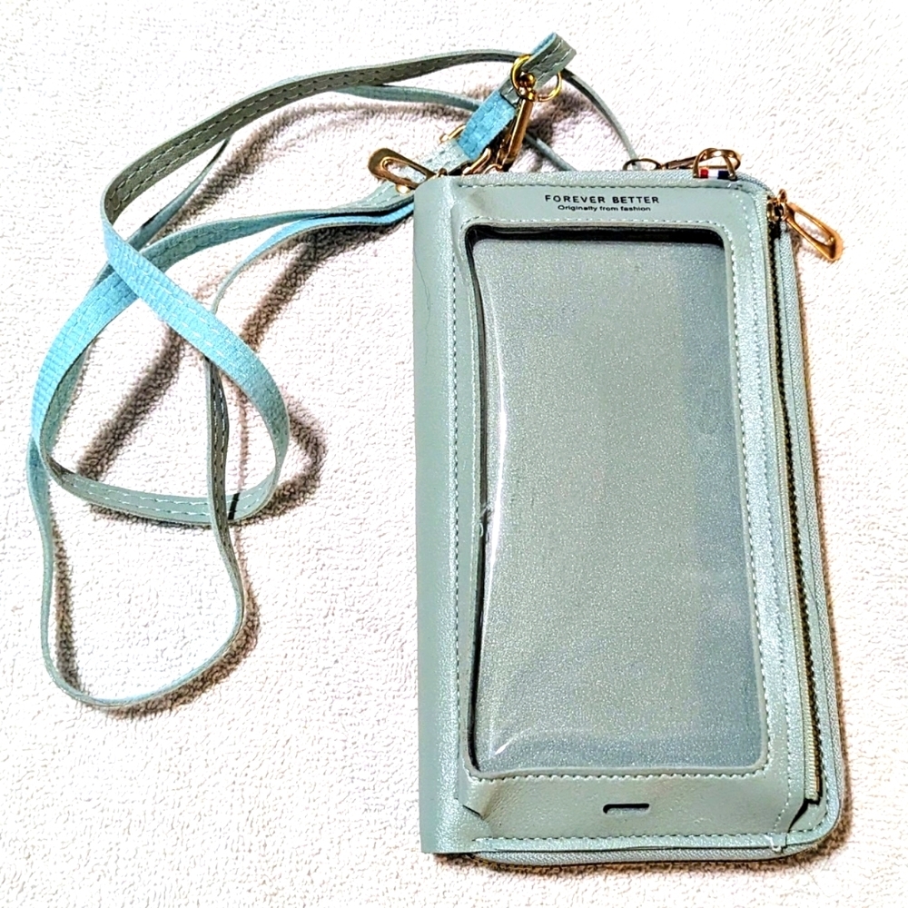 Cellphone wallet case, BNWOT, shimmery teal/light blue colour, cute wallet
